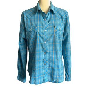 Roper Women's Western Shirt‎ Size XL Blue / Yellow / Metallic Plaid Pearl Snap